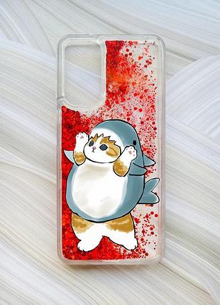 Чехол с плавающими красными блестками на xiaomi redmi note 11 котенок акула (принт 379)