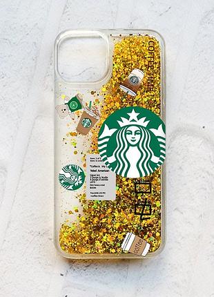 Чохол із плаваючими блискітками на iphone 13 золотий :: кава (принт 388)