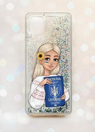 Чехол с плавающими блестками samsung galaxy a12 серебряный :: девушка с паспортом (принт 13)