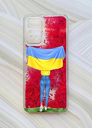 Чохол з плаваючими блискітками для xiaomi redmi note 11 pro рожевий дівчина з прапором (принт 263)