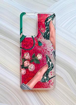 Чохол з плаваючими блискітками для xiaomi redmi note 10 pro/10 pro max рожевий туфельки і квіти (принт 225)