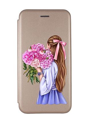 Чохол-книжка з малюнком для xiaomi redmi 12c золотий :: дівчина з півоніями (принт 11)