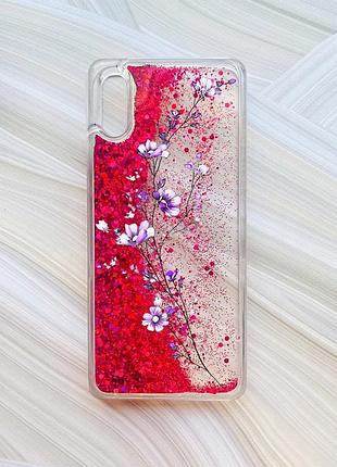 Чехол с плавающими блестками на xiaomi redmi 9a розовый веточка цветов (принт 278)