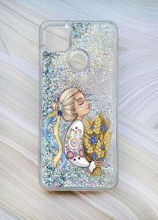 Чехол с плавающими блестками на xiaomi redmi 9c / 10a серебро украинка с колосками (принт 173)