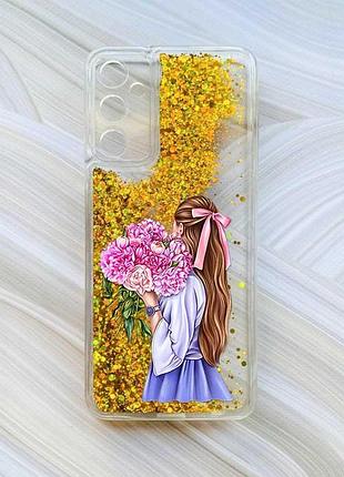 Чохол з плаваючими блискітками на samsung galaxy a35 (a356) золотий :: дівчина з півоніями (принт 11)
