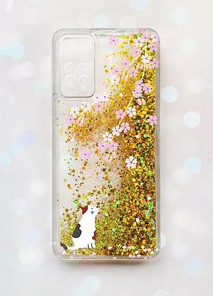 Чехол с плавающими блестками на xiaomi redmi note 11 pro/12 pro 4g золотой :: котик и сакура (принт 283)