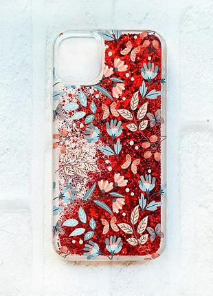Чехол с плавающими блестками на iphone 11 красный :: цветочный фон (принт 370)