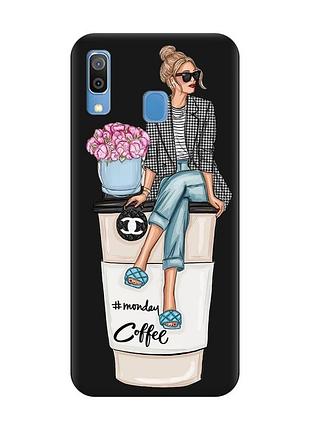 Матовый черный чехол на samsung galaxy a30 (2019)/a20 (2019) девушка на кофе (принт 228)