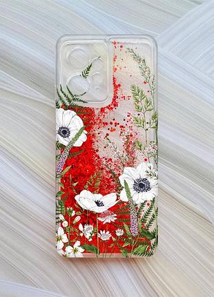 Чехол с плавающими красными блестками на xiaomi redmi note 12 4g цветы полевые (принт 363)