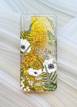 Чохол з плаваючими блискітками на xiaomi redmi 9a золотий :: квіти польові (принт 363)