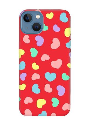 Матовый красный чехол на iphone 13 :: разноцветные сердечка (принт 335)