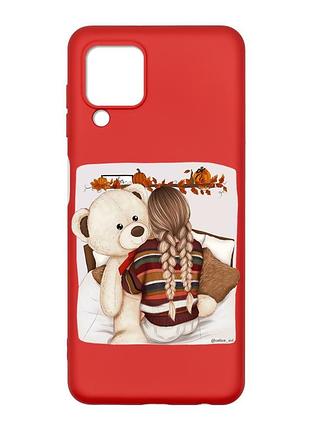 Матовый красный чехол на samsung galaxy m32/a22/m22 4g :: девочка с мишкой (принт 117)