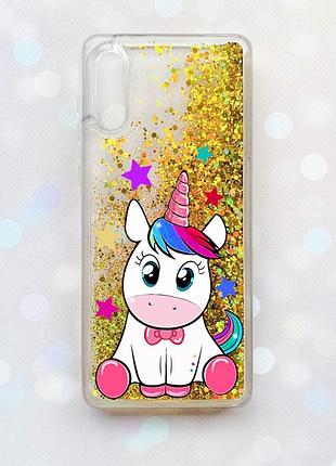 Чохол з плаваючими блискітками samsung galaxy a02 / a022 (2021) золотий :: єдиноріг (принт 102)