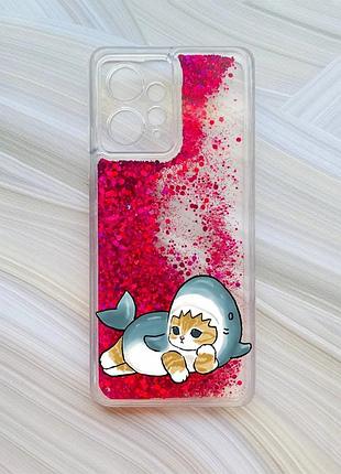 Чехол с плавающими розовыми блестками на xiaomi redmi note 12 4g котенок акула (принт 355)