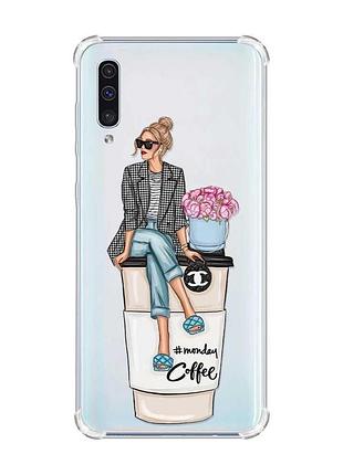 Чехол с утолщёнными углами на samsung galaxy а50 (2019) а505 :: девушка на кофе (принт 228)