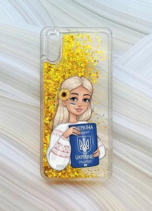 Чехол с плавающими блестками на xiaomi redmi 9a золотой девушка с паспортом (принт 13)