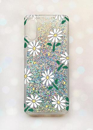 Чехол с плавающими серебряными блестками на samsung galaxy a02/a022 (2021) ромашки (принт 368)