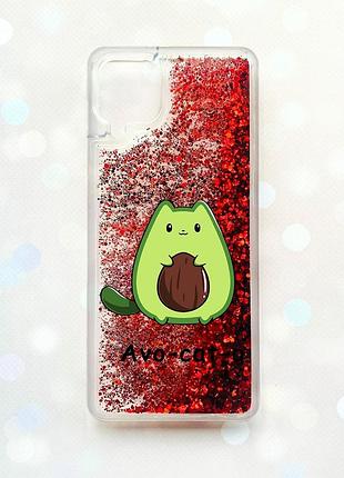 Чехол с плавающими блестками samsung galaxy a12 красный :: котик авокадо (принт 306)