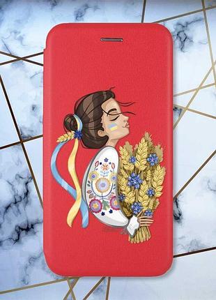 Чехол-книжка с рисунком на xiaomi redmi note 7/7 pro :: красный :: украинка с колосками /принт 172/