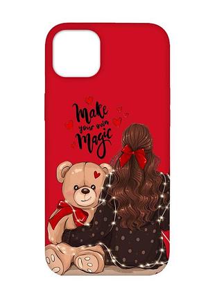 Матовый красный чехол на iphone 14 plus :: девушка с мишкой (принт 188)