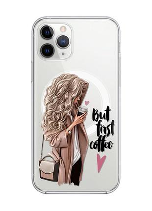 Магнитный чехол на iphone 11 pro max с поддержкой magsafe :: девушка с кофе (принт 114)