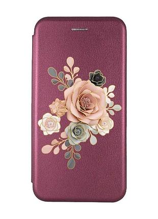 Чохол-книжка з малюнком для iphone 7, 8 бордовий :: троянди (принт 275)