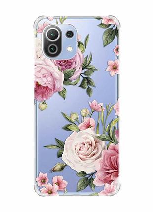 Чохол з потовщеними кутами на xiaomi mi 11 lite :: рожеві квіти (принт 287)