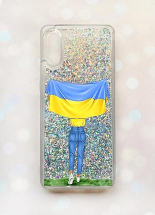 Чехол с плавающими блестками на samsung galaxy a02 / a022 (2021) серебряный :: девушка с флагом (принт 263)