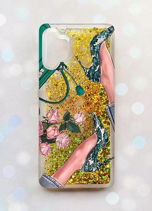 Чехол с плавающими блестками на samsung galaxy a32 золотой :: туфельки и цветы (принт 225)
