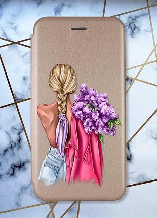Чехол-книжка с рисунком на xiaomi redmi note 9/10x золотистый :: девушка с сиренью (принт 7)