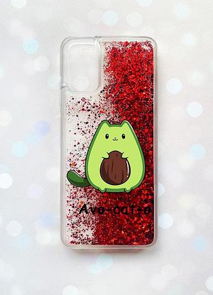 Чехол с плавающими блестками на samsung galaxy a03s (a037) красный :: котик авокадо (принт 306)