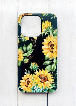 Матовый чехол на iphone 15 plus черный :: подсолнухи (принт 288)