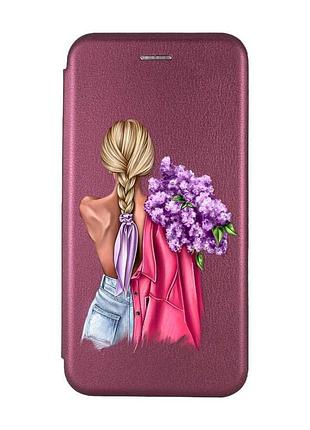 Чехол-книжка с рисунком для xiaomi redmi note 8 pro бордовый :: девушка с сиренью (принт 7)