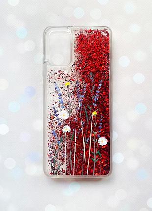 Чехол с плавающими блестками на samsung galaxy a03s (a037) красный :: полевые цветы (принт 270)