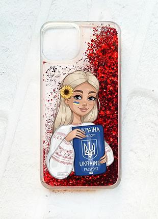 Чехол с плавающими блестками на iphone 14 красный :: девушка с паспортом (принт 13)