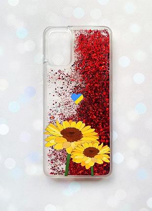 Чохол з плаваючими блискітками для samsung galaxy a03s (a037) червоний :: жовті квіти (принт 364)