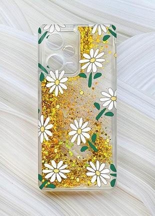 Чохол з плаваючими блискітками на xiaomi redmi note 12 pro plus золотий :: ромашки (принт 368)