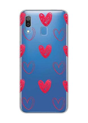 Прозрачный чехол на samsung galaxy a30 (2019)/a20 (2019) сердечка красные (принт 77)
