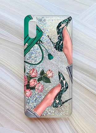 Чехол с плавающими блестками для xiaomi redmi 9a серебристый туфельки и цветы (принт 225)