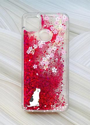 Чехол с плавающими блестками на xiaomi redmi 9c / 10a розовый котик и сакура (принт 283)