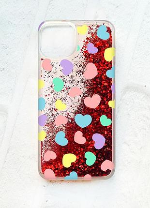 Чехол с плавающими блестками на iphone 14 красный :: разноцветные сердечка (принт 335)