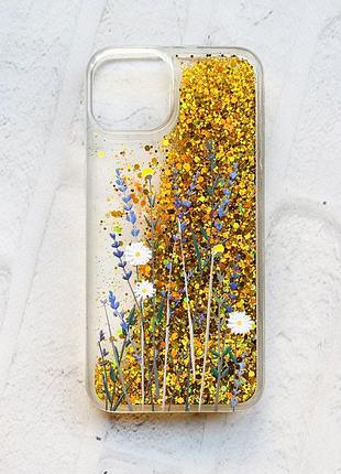Чохол із плаваючими блискітками на iphone 14 золотий :: польові квіти (принт 270)