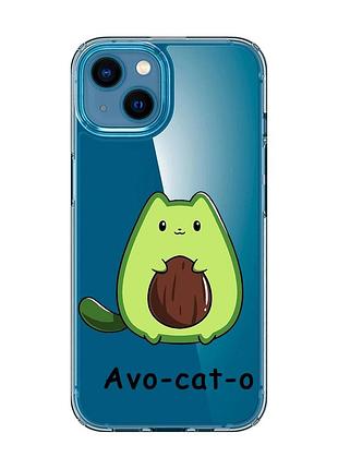 Прозрачный чехол на iphone 13 mini :: котик авокадо (принт 306)