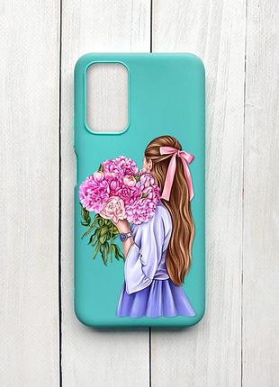 Матовий чохол на xiaomi redmi 9t бірюзовий :: дівчина з півоніями (принт 11)