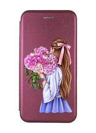 Чехол-книжка с рисунком для samsung galaxy a24 бордовый :: девушка с пионами (принт 11)