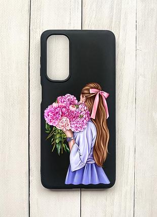 Матовий чохол на samsung galaxy m54 чорний :: дівчина з півоніями (принт 11)