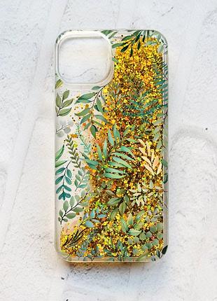 Чехол с плавающими блестками на iphone 13 золотой :: растительный фон (принт 377)