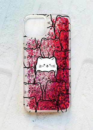 Чехол с плавающими блестками на iphone 14 розовый котики (принт 392)
