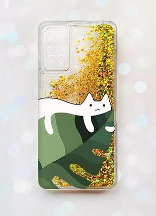 Чохол з блискітками на xiaomi redmi note 11 pro золотий :: кіт на листку (принт 367)