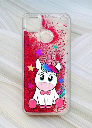 Чехол с плавающими блестками на xiaomi redmi 9c / 10a розовый единорог (принт 102)